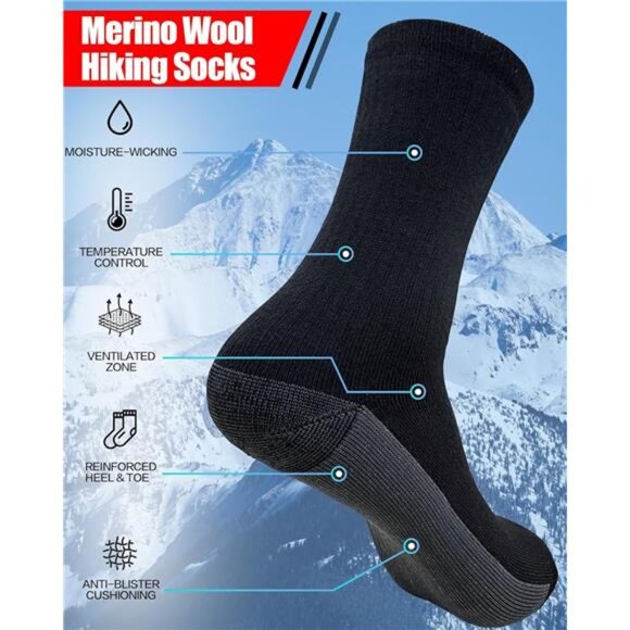3 Pairs Men's Merino Wool Socks Thermal Winter Socks with Cushioned Support - Picture 3 of 4
